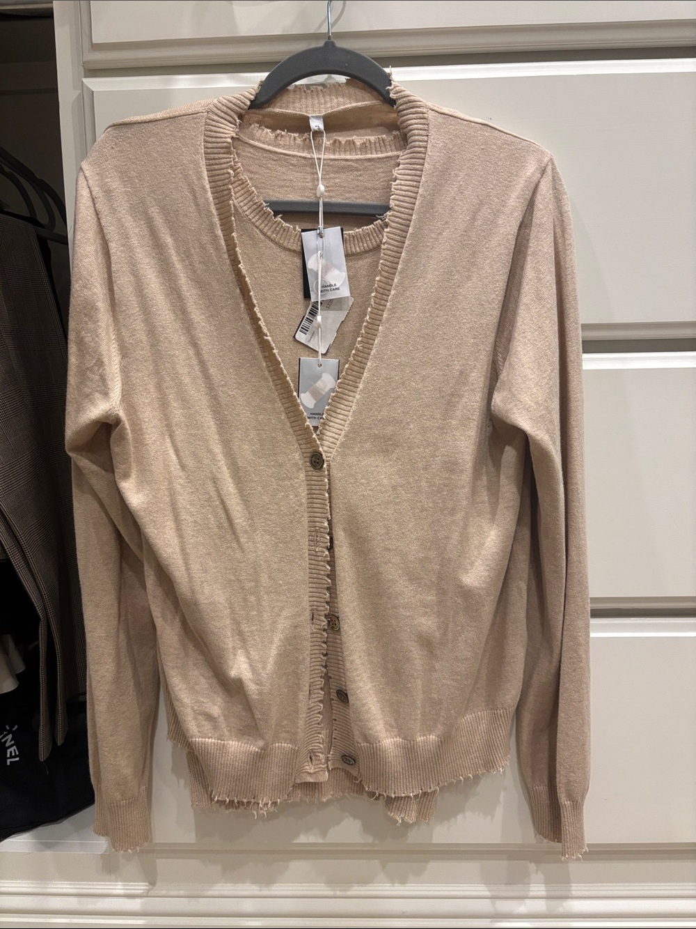 Women's Beige Button-Up Distressed Trim Cardigan